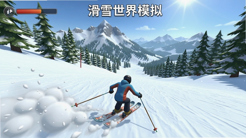 一幅展示“滑雪世界模拟”游戏画面的截图,角色正在高山雪道上飞速滑行,背景是壮丽的雪山和松林,画面清晰明亮,突出滑雪动作和雪地细节