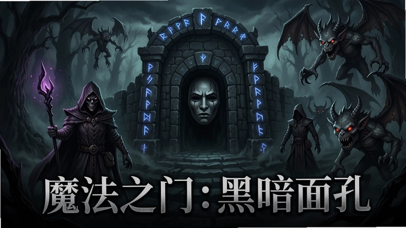 魔法之门:黑暗面孔游戏主宣传图,包含暗黑风格的角色、迷宫入口、神秘符文、奇幻怪物等元素,整体氛围阴森神秘,文字标注“魔法之门:黑暗面孔”