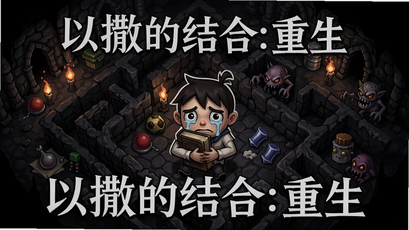 以撒的结合:重生游戏主视觉海报,俯视角度洞穴迷宫地图,主角以撒怀抱圣经流泪角色造型,周围环绕各种道具与怪物,画面阴暗哥特风格,标题“以撒的结合:重生”字样醒目呈现,精致游戏宣传图风格