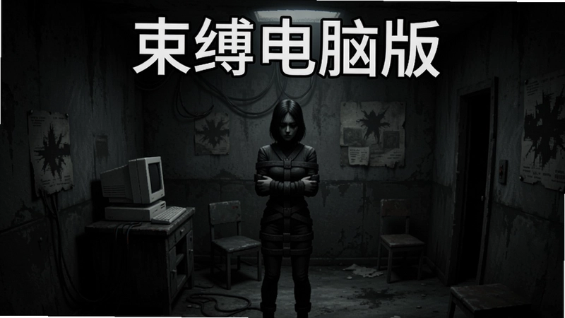 暗黑风格密室角色扮演游戏场景,灰暗色调的房间中站着身穿束缚服装的人物,整体氛围压抑阴郁,文字