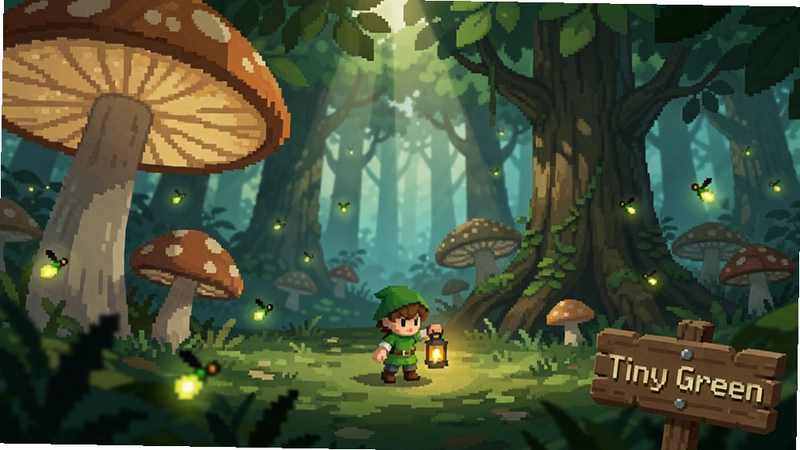 A lush green fantasy forest with a small character holding a glowing lantern, surrounded by giant mushrooms, fireflies, and ancient trees, soft sunlight filtering through leaves, RPG adventure game atmosphere, pixel art style with modern lighting, text