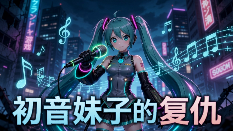 初音妹子的复仇游戏主视觉海报,初音妹子手持发光麦克风站在霓虹城市废墟中,身穿未来感战服,周围漂浮电子音符,二次元风格,高质量游戏宣传图,标题文字