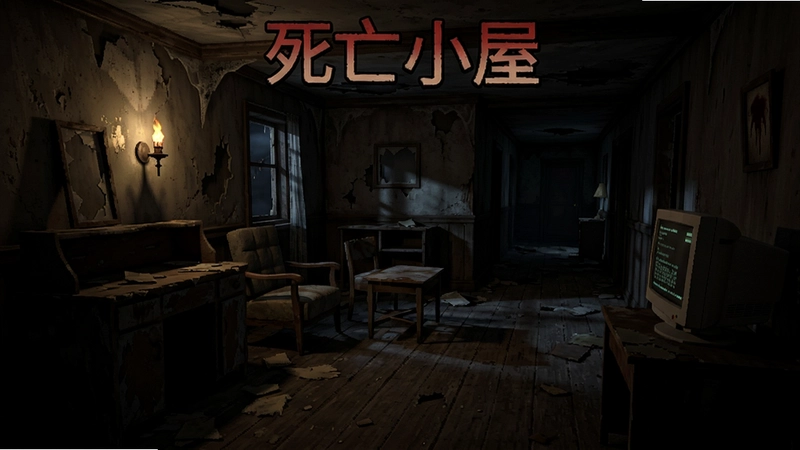 死亡小屋电脑版游戏场景,阴森废弃小屋内部,昏暗灯光,破旧家具,恐怖氛围,黑暗走廊,