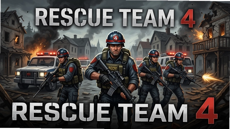 Rescue Team 4游戏主宣传图,救援队4队员奔赴灾难现场展开紧张救援行动,背景为受灾小镇