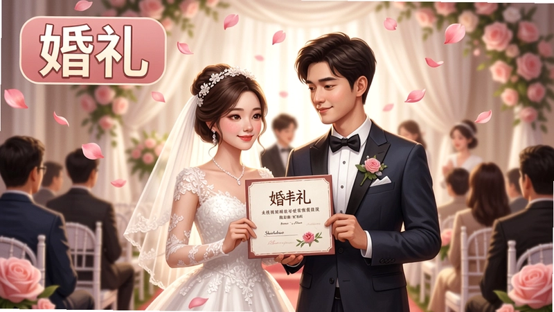 婚礼电脑版游戏宣传图,画面中有一对新人正在举办浪漫婚礼仪式,背景是装饰精美的婚礼现场,粉色玫瑰花瓣飘落,新娘穿着白色婚纱,新人手持结婚证,画面温馨唯美,带有