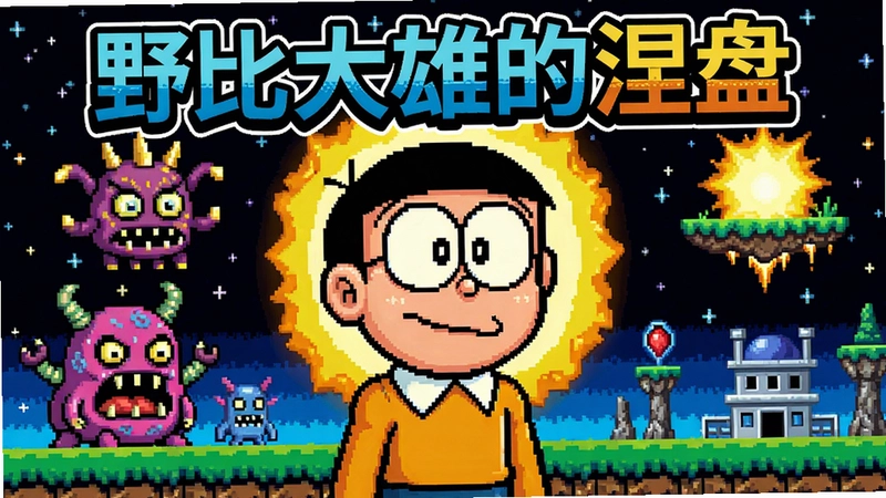 野比大雄的涅盘像素风格游戏宣传图,横版构图,包含动漫角色大雄、奇异怪物、涅盘世界场景,游戏名称