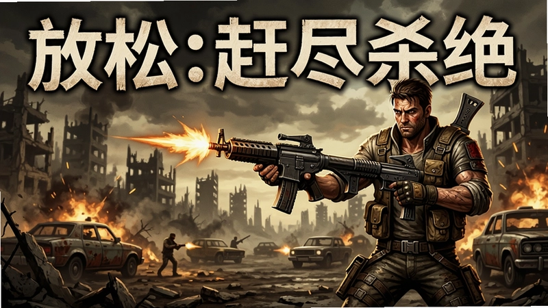 放松:赶尽杀绝电脑版游戏宣传海报,废土风格,主角持枪战斗场景,画面包含