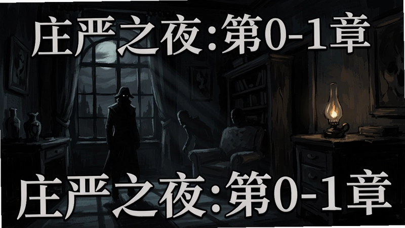 庄严之夜:第0-1章 电脑版游戏主视觉图,黑暗悬疑风格的手绘场景,夜幕下的人物剪影与灯光,氛围阴森的室内环境,带有