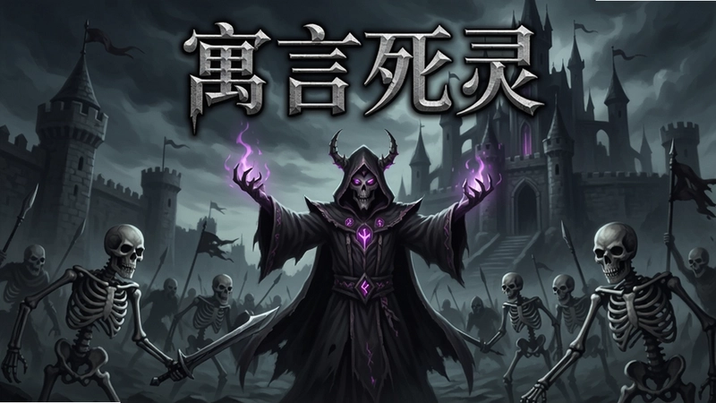寓言死灵游戏主视觉图,暗黑魔幻死灵法师召唤亡灵军团,场景包含阴森城堡骷髅战士战场,标题用号注明