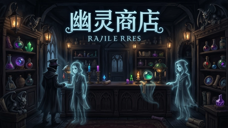 幽灵商店电脑版游戏主视觉图,哥特风格店铺内部全景,柜台摆满神秘道具,昏暗灯光下幽灵顾客光顾,