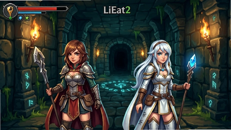 LiEat2 PC game screenshot with twin protagonists Eflayer and Efina exploring a mysterious dungeon, fantasy RPG style