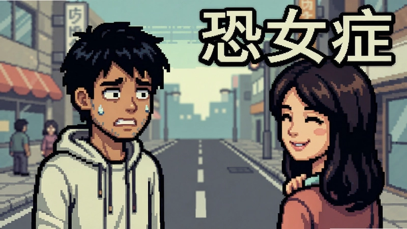 一位神情紧张焦虑的青年男性站在街头,对面是微笑着的女性,画面为像素风格游戏场景,场景中突出