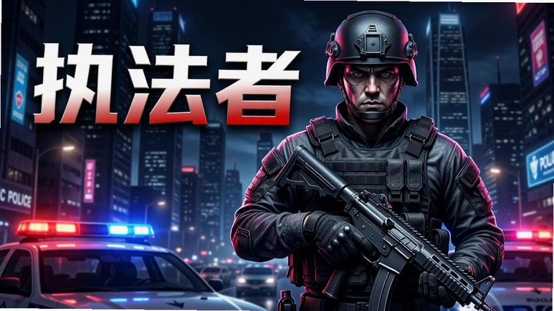 执法者电脑版游戏主宣传海报,主角穿着战术装备站在城市夜景霓虹灯前,手持冲锋枪神情冷峻,背景是高楼大厦和闪烁警灯,整体风格硬派写实,标题位置醒目展示“执法者”三个大字