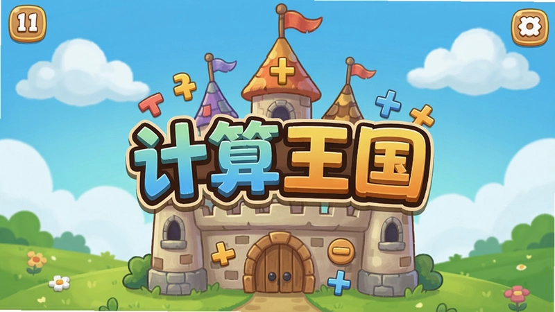 计算王国游戏主界面截图,卡通风格城堡与数学符号元素,画面中央展示”计算王国”标题文字,背景为蓝天白云与绿色草地,营造轻松愉快的游戏氛围