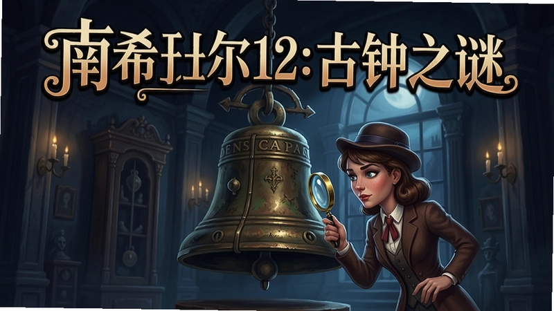 南希朱尔12:古钟之谜电脑版游戏海报,维多利亚风格神秘庄园夜景,一座古老铜钟矗立在昏暗大厅中央,南希朱尔手持放大镜站在钟前,背景悬挂