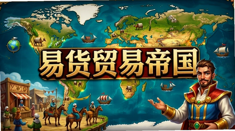 易货贸易帝国电脑版游戏主宣传图,包含游戏标题文字“易货贸易帝国”、全球易货地图背景、商队交易场景与玩家角色形象,整体风格恢弘大气,色彩鲜明突出易货贸易的全球商业氛围,画面中央突出显示“易货贸易帝国”字样