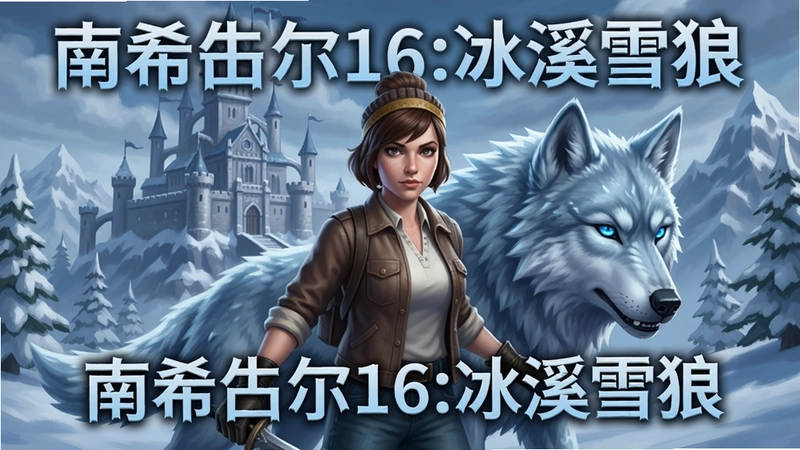 南希朱尔16:冰溪雪狼游戏主视觉海报,海报中央为南希朱尔16角色与冰狼形象,背景为雪山城堡,整体风格为2.5D奇幻冒险,画面写实带有神秘感,需包含“南希朱尔16:冰溪雪狼”文字标识