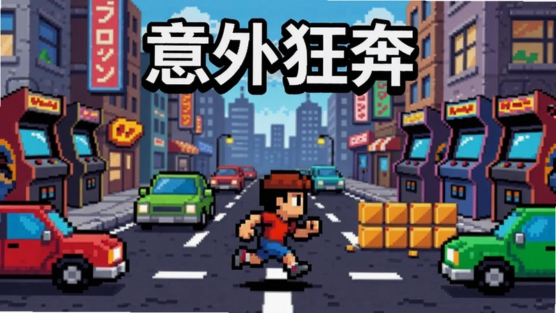 意外狂奔游戏主视觉场景,像素风格角色在繁华城市街道奔跑,周围有彩色汽车和障碍物,背景是复古街机厅,文字标注