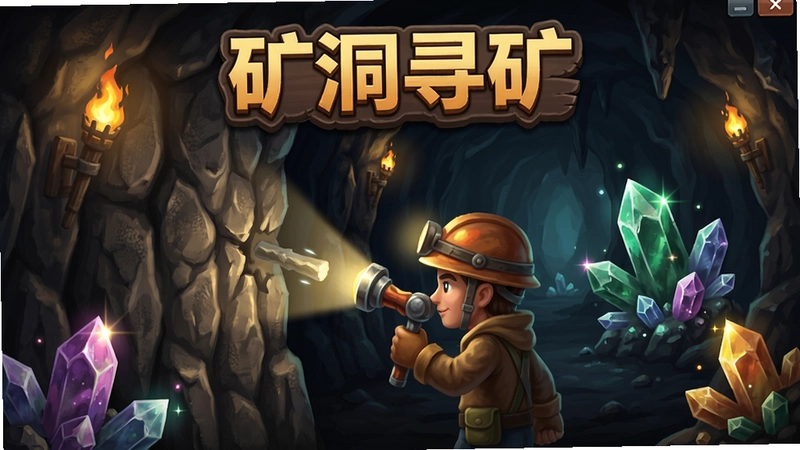 矿洞寻矿电脑版游戏主界面,矿洞内灯光昏暗,玩家手持矿灯敲击岩壁,背景有闪烁的矿石晶体,氛围感十足,标语文字“矿洞寻矿”