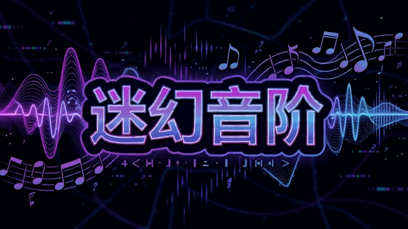 迷幻音阶游戏主视觉海报,迷幻音阶标题居中,霓虹紫蓝色调,抽象音乐波形与音符流动,赛博朋克风格,4K高清,标注