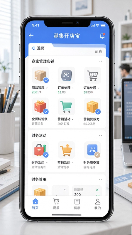 满集开店宝商家管理店铺APP界面设计,全面展示商品管理、订单处理、营销活动、财务结算等核心功能模块,涵盖商家日常经营全流程场景画面