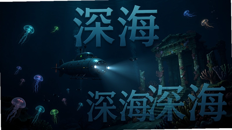 A breathtaking underwater deep sea scene with a lone submarine exploring dark ocean depths, bioluminescent creatures glowing in the darkness, mysterious ancient ruins covered in coral, cinematic lighting, high quality game screenshot, text 