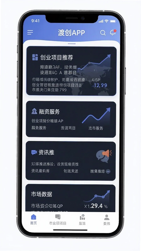 渡创APP首页界面展示,突出创业项目推荐、融资服务、资讯推送和市场数据等核心功能模块,画面简洁专业