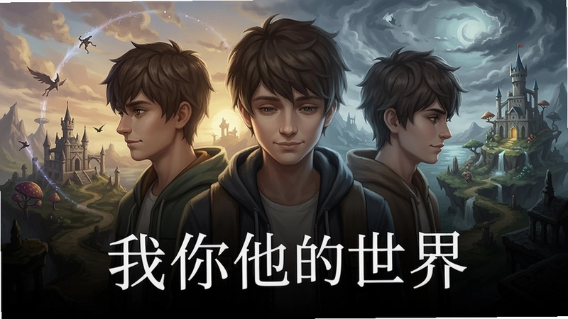 我你他的世界电脑版游戏主视觉海报,融合三个主角形象与奇幻剧情世界元素,整体氛围悬疑治愈,