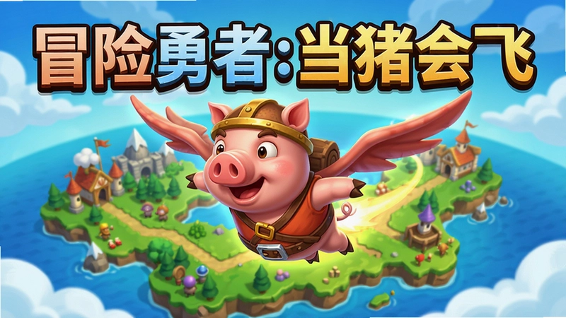 冒险勇者:当猪会飞电脑版游戏主视觉宣传图,画面中展示游戏卡通渲染风格场景,一名猪猪勇者角色正在天空中飞翔,背景是色彩鲜艳的奇幻大陆地图,游戏主标题