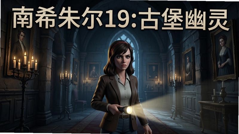 南希朱尔19:古堡幽灵游戏主视觉图,阴暗神秘的古堡内部场景,南希朱尔手持手电筒站在大厅中央,四周是古老的烛台与悬挂的画像,整体氛围悬疑紧张,游戏名称文字