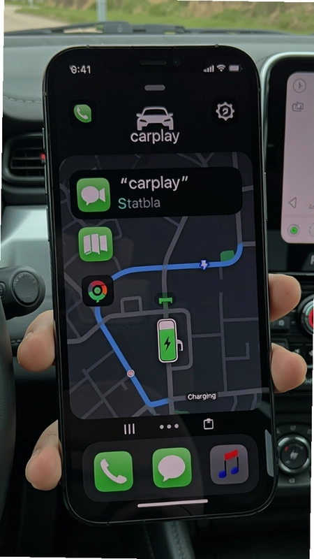 A carplay app interface on a smartphone showing vehicle status and charging station map, with text