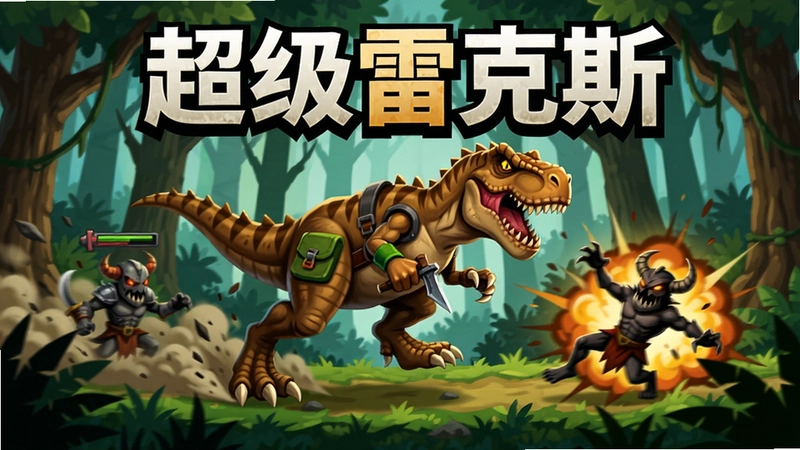 超级雷克斯电脑版游戏主视觉海报,雷克斯在森林关卡中奔跑击败敌人,画面充满动作冒险氛围,