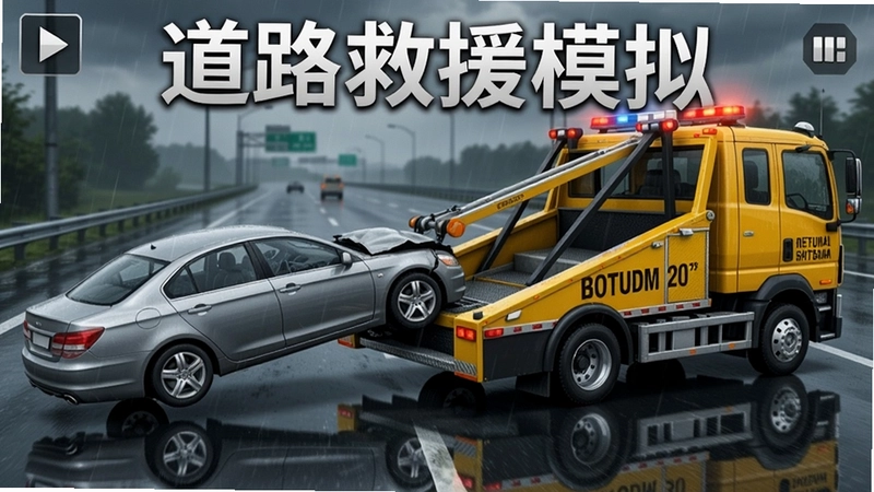 道路救援模拟游戏主视觉图,一辆黄色救援拖车正拖起一辆事故轿车,背景是雨天高速公路,画面包含