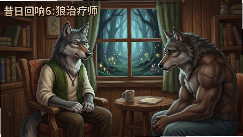 一幅写实风格的奇幻插画,昔日回响6:狼治疗师游戏场景中,一只狼族心理治疗师坐在温馨的木质咨询室内,面前是一位神情忧郁的狼人患者,窗外是神秘森林景色,画面中包含