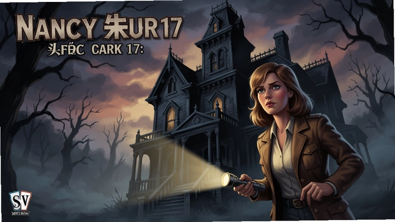 A dark mysterious mansion exterior at twilight, fog surrounding the gothic building, Nancy Drew holding a flashlight, game cover art style for 南希朱尔17:头骨之谜, cinematic lighting, detailed illustration