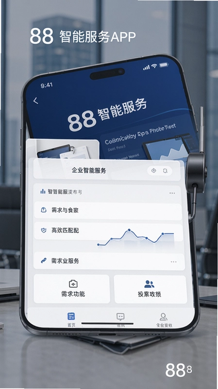 88智能服务APP首页界面展示,88智能服务页面设计简洁商务风,突出企业服务发布与需求匹配核心功能,视觉设计专业大气,色彩搭配以深蓝与白色为主,凸显平台商务属性