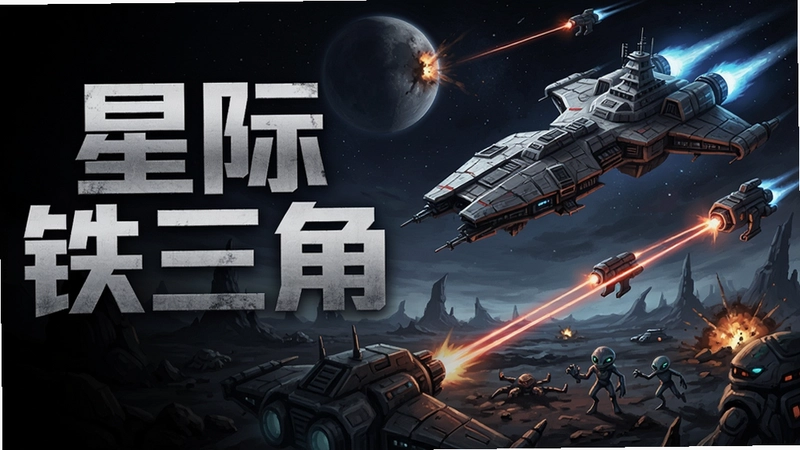 星际铁三角游戏宣传主图,包含星际战舰、激光武器、外星战场等元素,整体风格硬核科幻,左侧突出
