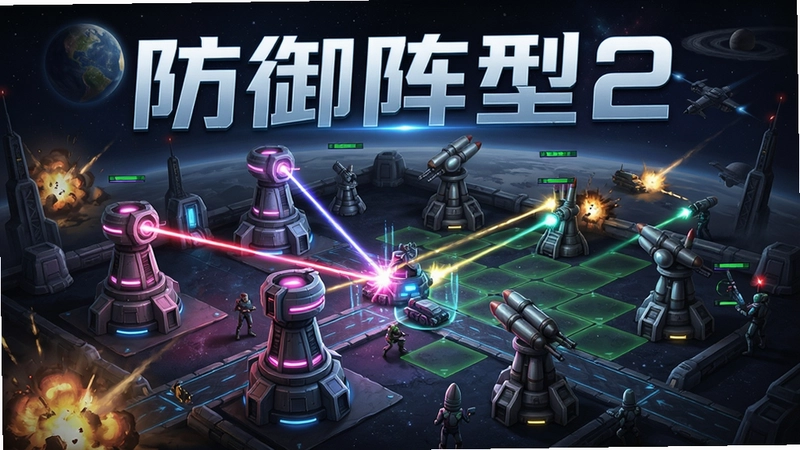 防御阵型2科幻塔防游戏宣传图,展示未来战争场景中部署激光塔和导弹塔的星际防御基地画面,整体风格呈现科技感与策略感并存的精致游戏海报,包含