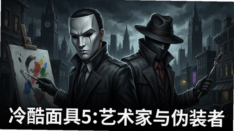 冷酷面具5:艺术家与伪装者电脑版游戏主视觉图,画面包含艺术家与伪装者角色形象,暗黑风格城市背景,文字标注