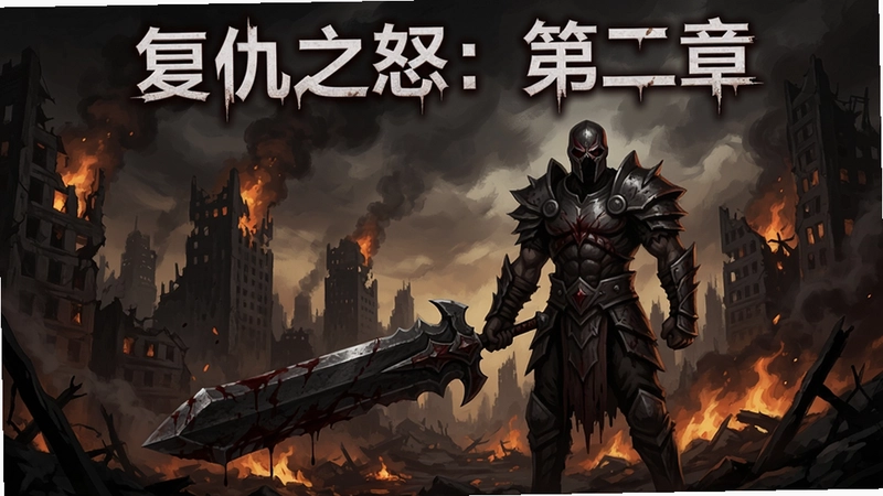 复仇之怒:第二章游戏主角手持巨剑站在燃烧废墟城市前的暗黑风格场景画面,画面顶部有
