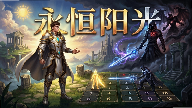 永恒阳光,角色扮演游戏,主角觉醒,光明与黑暗,回合制战斗,精致场景,游戏封面海报,梦幻史诗风格,