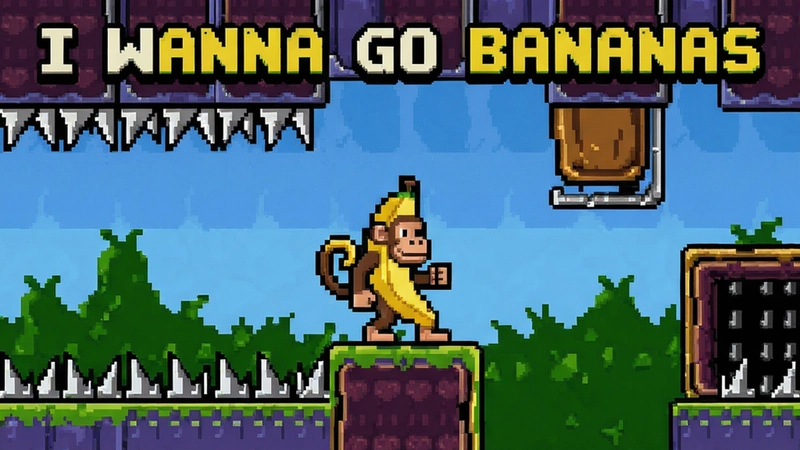 I Wanna Go Bananas game screenshot, pixel art banana monkey character, platformer game scene with spikes and traps, retro style game screenshot,