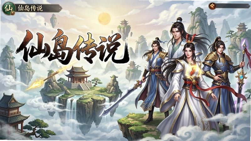 仙岛传说电脑版游戏主视觉图,东方仙侠风格MMORPG游戏宣传海报,仙气缭绕的仙岛场景与角色立绘,