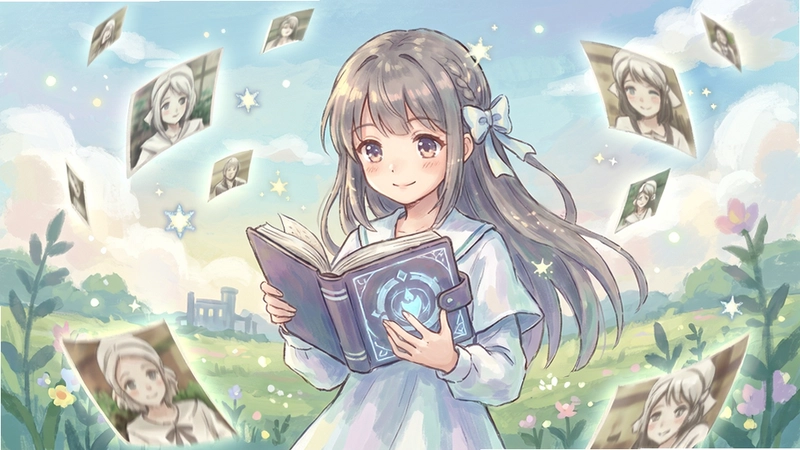 A beautiful anime girl with a magical notebook standing in a dreamy landscape, surrounded by floating memory fragments, hand-drawn art style, soft pastel colors, Memo寻找记忆的少女 game artwork, high quality illustration