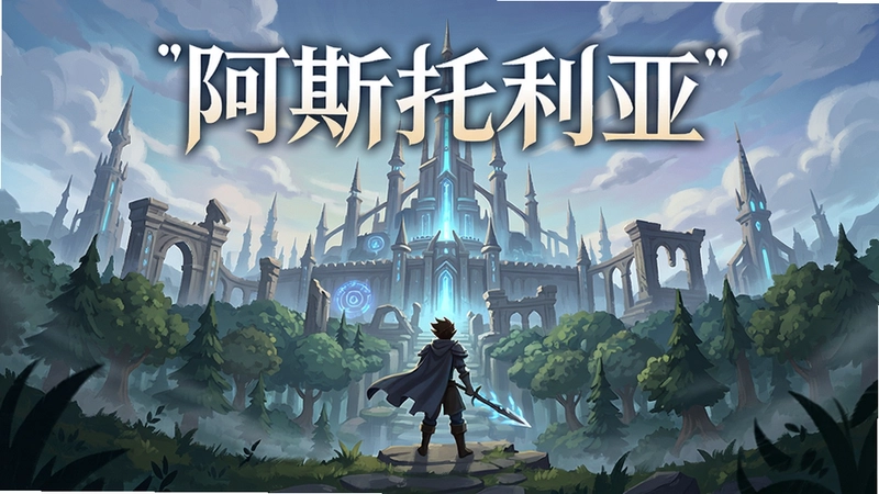 A stylized promotional artwork for the game 阿斯脱利亚, featuring a lone hero standing before a vast ancient fantasy kingdom with towering spires, glowing magical ruins, and lush forests shrouded in mist,