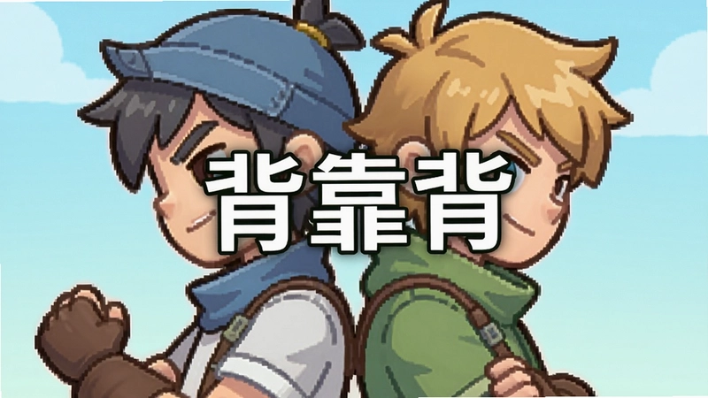 一张显示游戏中两位角色背靠背站立的画面,画面中央有“背靠背”文字,风格清新,体现双人合作冒险主题