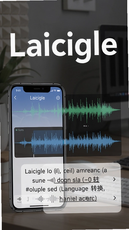 Laicigle 录音转写翻译软件功能展示,画面包含手机界面、语音波形、多语言文字转换,突出智能高效,文字“Laicigle”明显