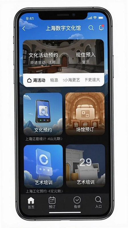 上海数字文化馆app功能界面展示,包含文化活动预约、场馆预订与艺术培训入口