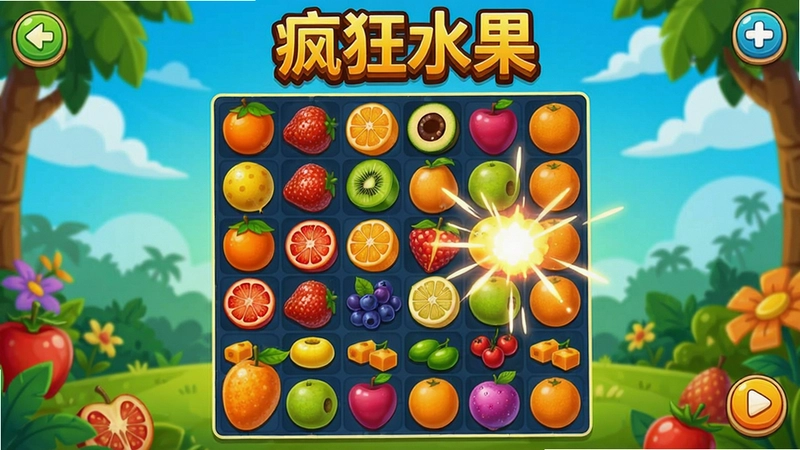 “疯狂水果”游戏主界面截图,展示缤纷水果与消除特效