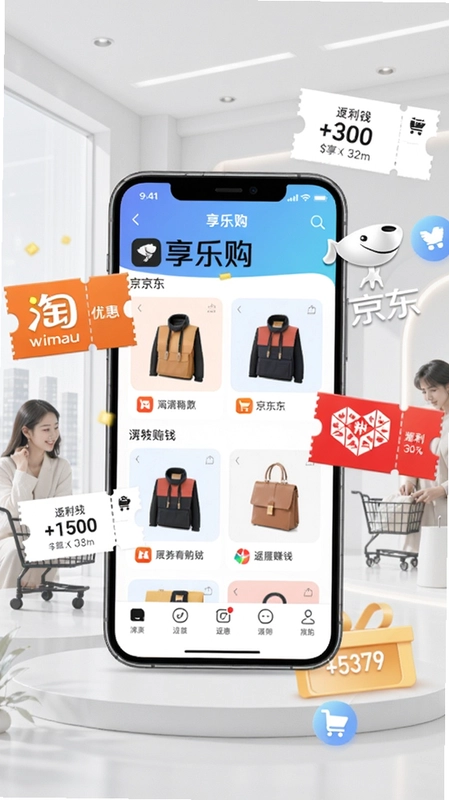 画面中央展示“享乐购”手机购物App界面,周围有淘宝、京东、拼多多优惠券和返利金额元素,背景为现代简约购物风格,体现领券购物分享赚钱。